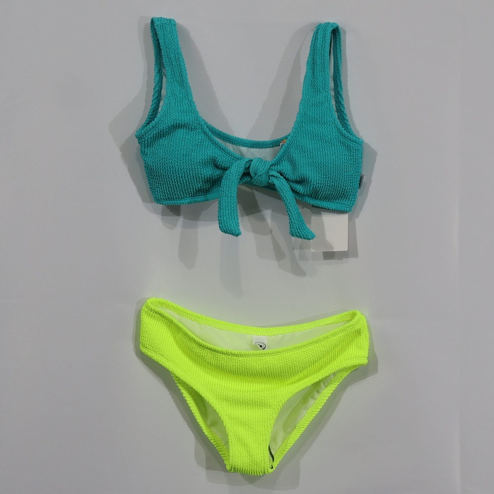 Limeapple Bikini Set Girl 10 Teal Neon Yellow Smocked Tie-Front Textured $67 NWT
